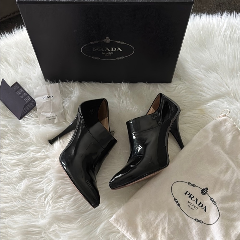 Prada Glossy Black Leather Ankle Boots